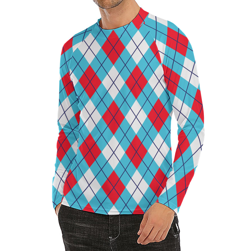 Red Blue And White Argyle Pattern Print Men's Long Sleeve Rash Guard