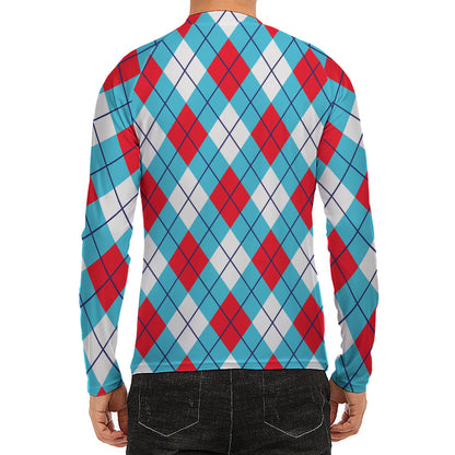 Red Blue And White Argyle Pattern Print Men's Long Sleeve Rash Guard