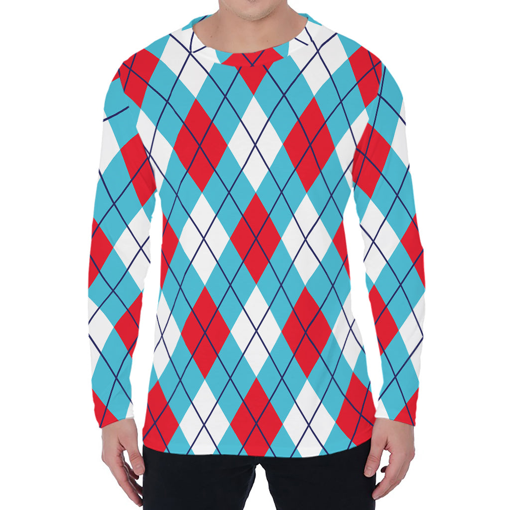 Red Blue And White Argyle Pattern Print Men's Long Sleeve T-Shirt