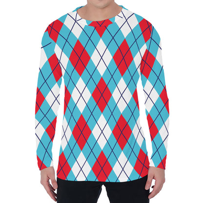 Red Blue And White Argyle Pattern Print Men's Long Sleeve T-Shirt