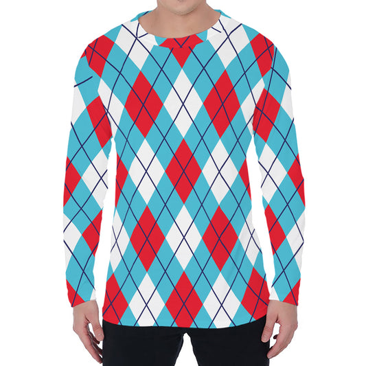 Red Blue And White Argyle Pattern Print Men's Long Sleeve T-Shirt