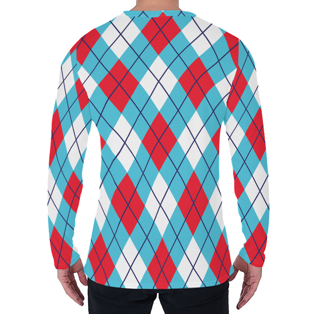 Red Blue And White Argyle Pattern Print Men's Long Sleeve T-Shirt