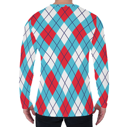 Red Blue And White Argyle Pattern Print Men's Long Sleeve T-Shirt