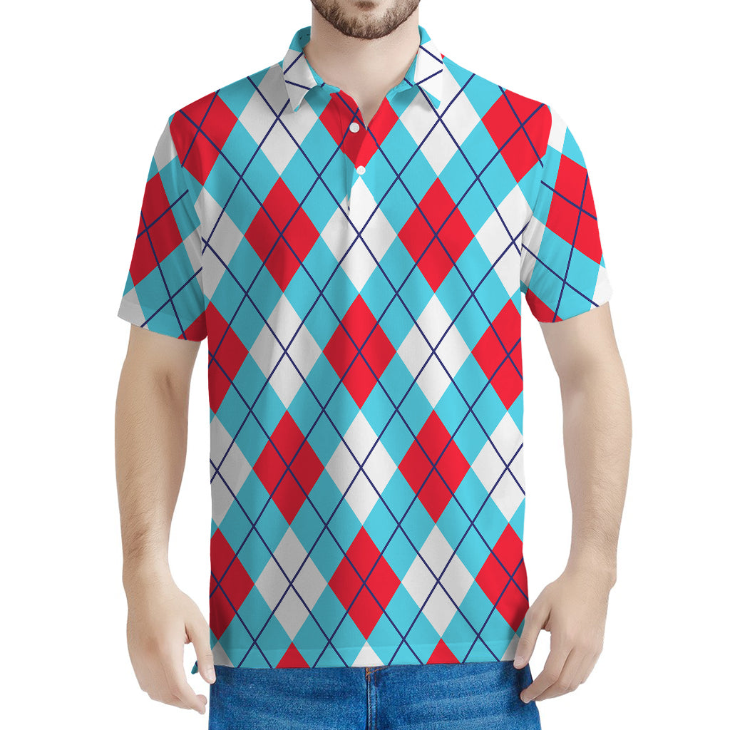 Red Blue And White Argyle Pattern Print Men's Polo Shirt