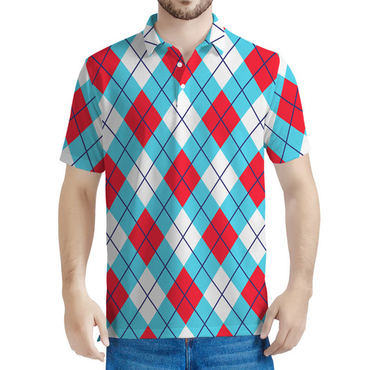 Red Blue And White Argyle Pattern Print Men's Polo Shirt