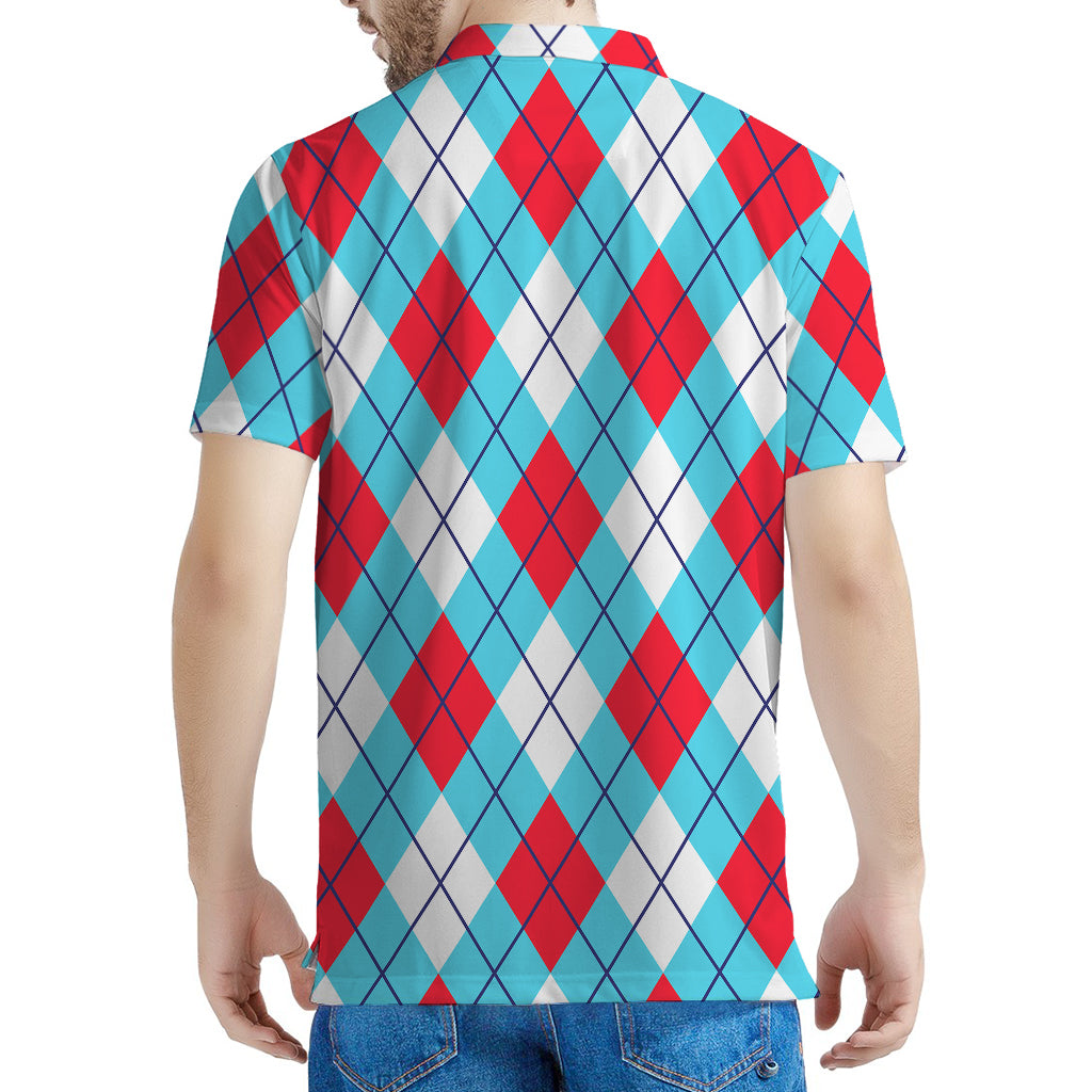 Red Blue And White Argyle Pattern Print Men's Polo Shirt