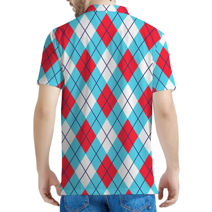 Red Blue And White Argyle Pattern Print Men's Polo Shirt