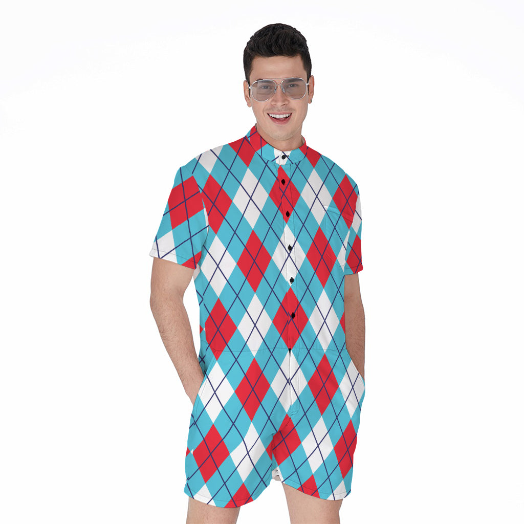 Red Blue And White Argyle Pattern Print Men's Rompers