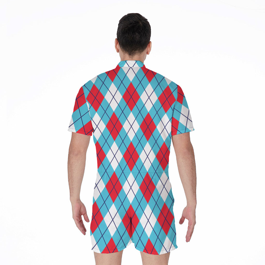 Red Blue And White Argyle Pattern Print Men's Rompers