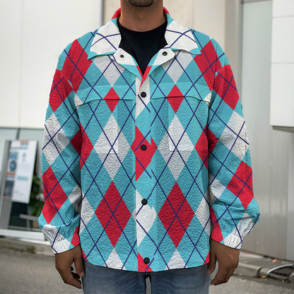 Red Blue And White Argyle Pattern Print Men's Shirt Jacket
