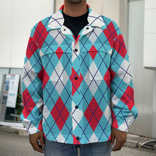 Red Blue And White Argyle Pattern Print Men's Shirt Jacket