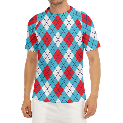 Red Blue And White Argyle Pattern Print Men's Short Sleeve Rash Guard