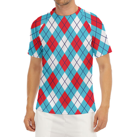 Red Blue And White Argyle Pattern Print Men's Short Sleeve Rash Guard