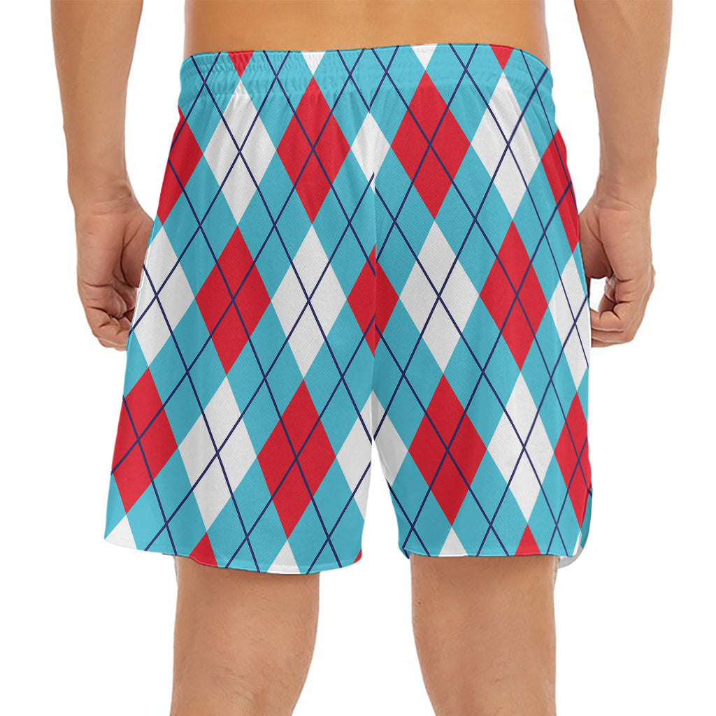 Red Blue And White Argyle Pattern Print Men's Split Running Shorts