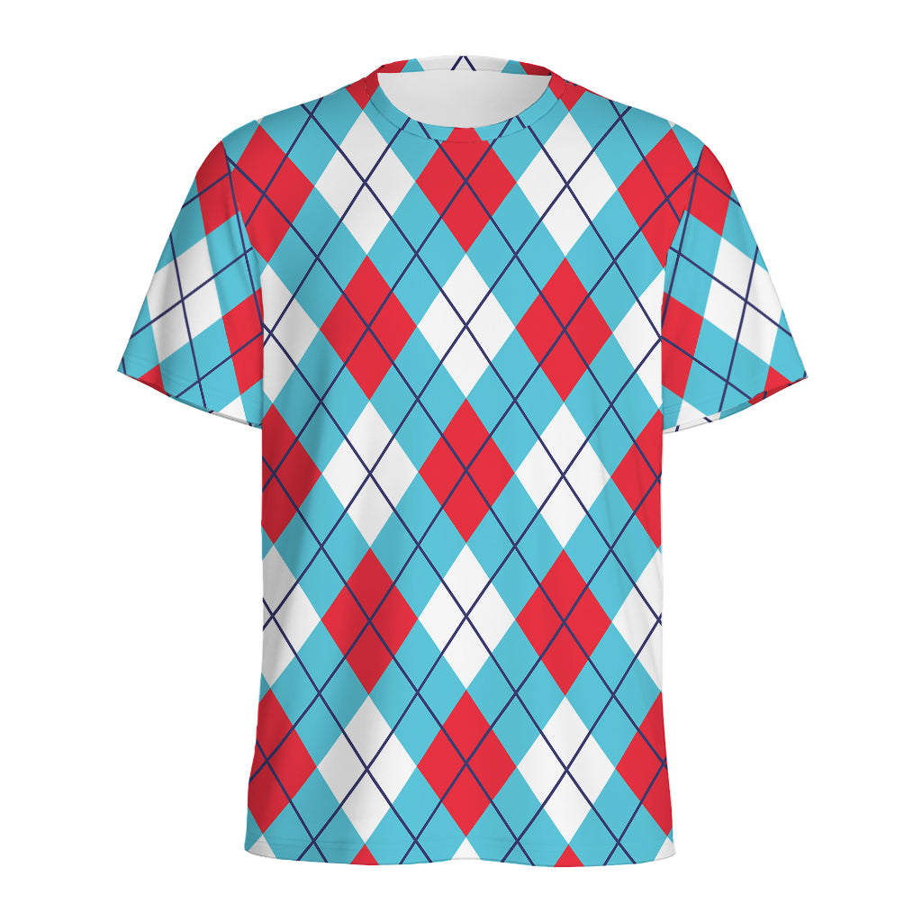 Red Blue And White Argyle Pattern Print Men's Sports T-Shirt