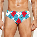 Red Blue And White Argyle Pattern Print Men's Swim Briefs