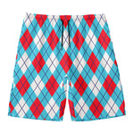 Red Blue And White Argyle Pattern Print Men's Swim Trunks