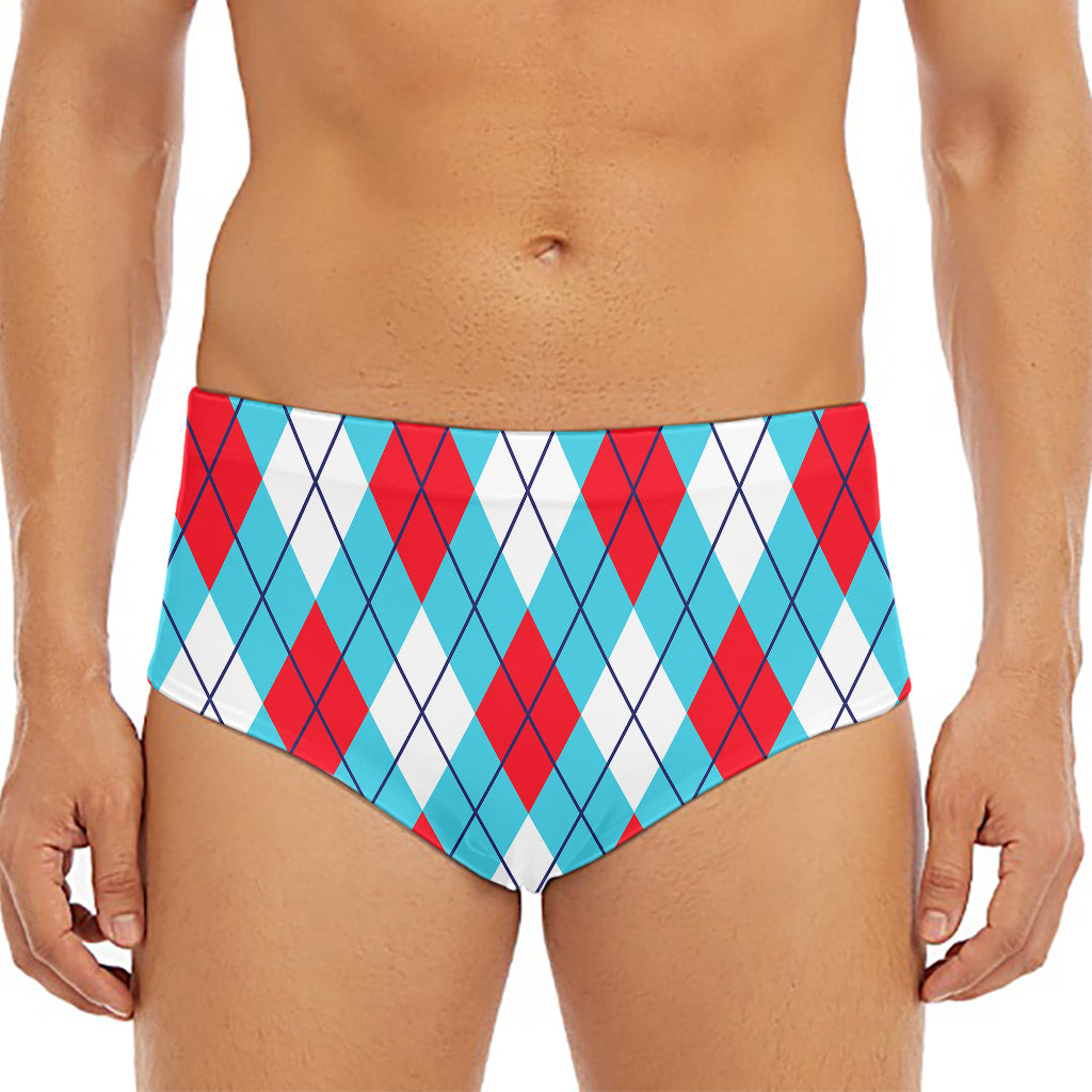 Red Blue And White Argyle Pattern Print Men's Triangle Swim Briefs