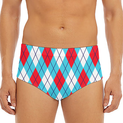 Red Blue And White Argyle Pattern Print Men's Triangle Swim Briefs