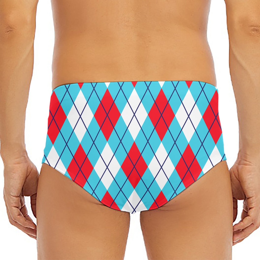 Red Blue And White Argyle Pattern Print Men's Triangle Swim Briefs