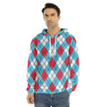 Red Blue And White Argyle Pattern Print Men's Velvet Pullover Hoodie