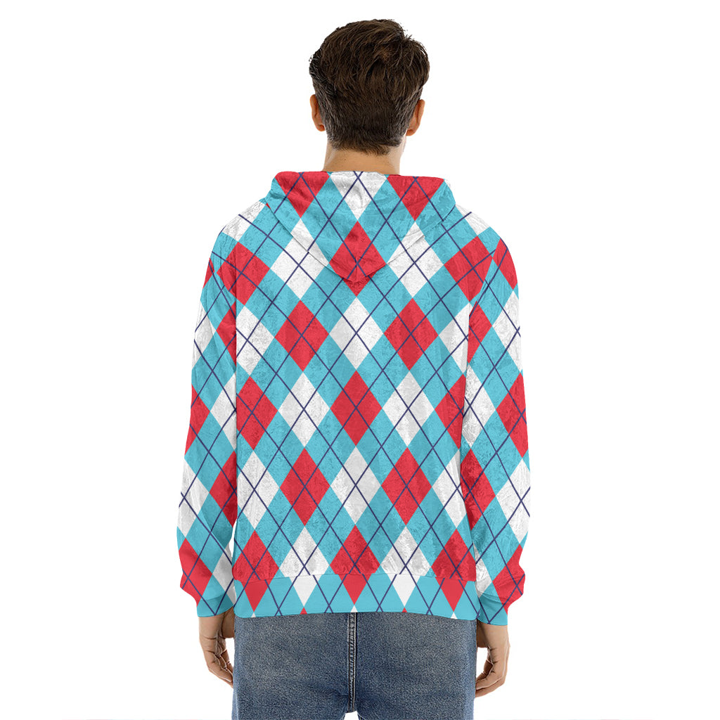Red Blue And White Argyle Pattern Print Men's Velvet Pullover Hoodie