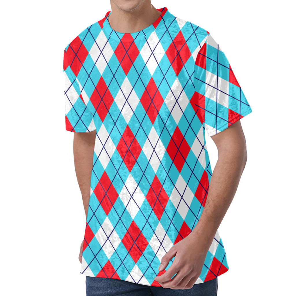 Red Blue And White Argyle Pattern Print Men's Velvet T-Shirt