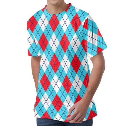 Red Blue And White Argyle Pattern Print Men's Velvet T-Shirt