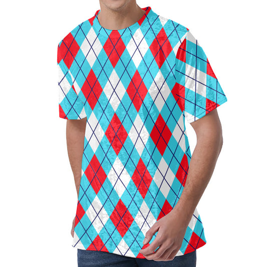 Red Blue And White Argyle Pattern Print Men's Velvet T-Shirt