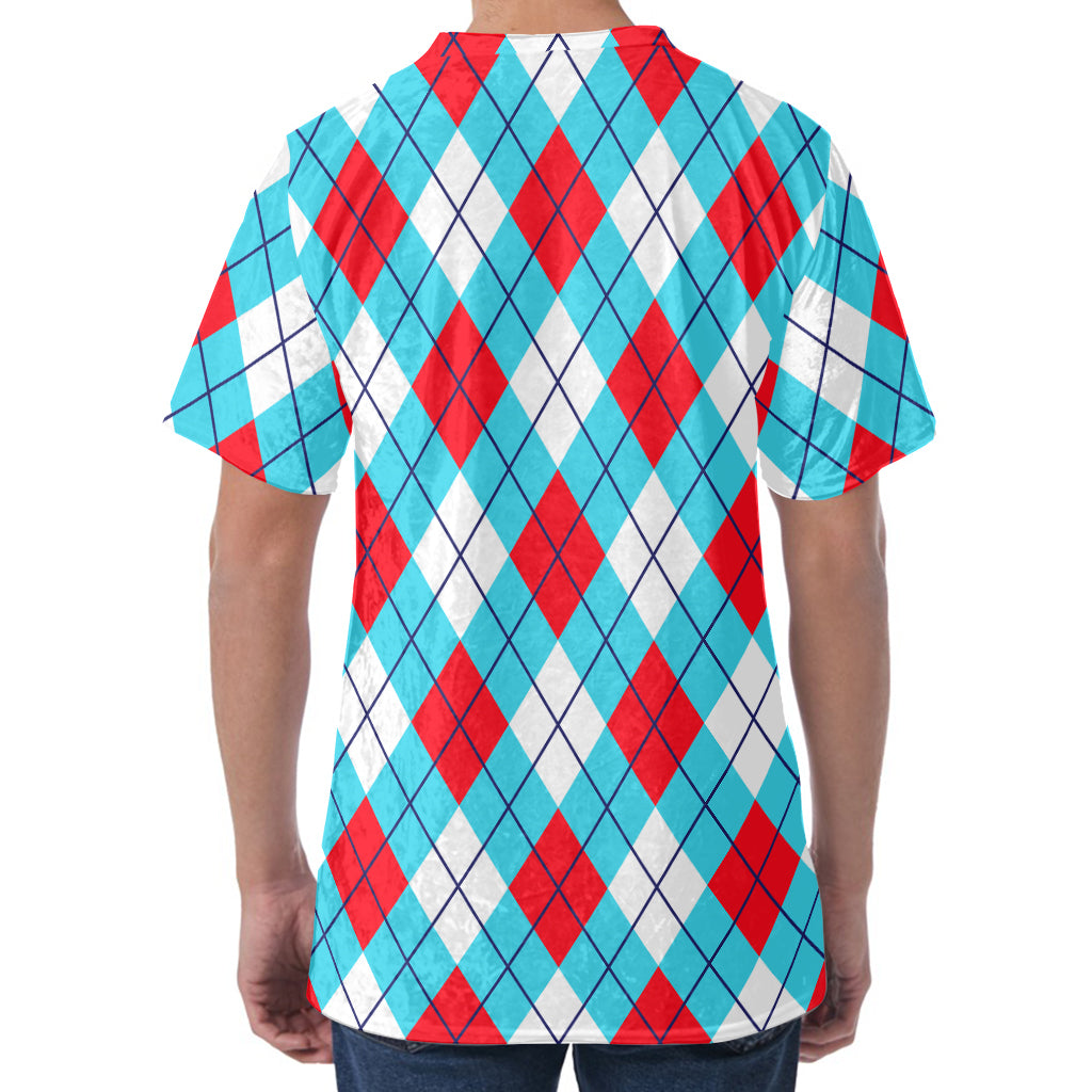 Red Blue And White Argyle Pattern Print Men's Velvet T-Shirt