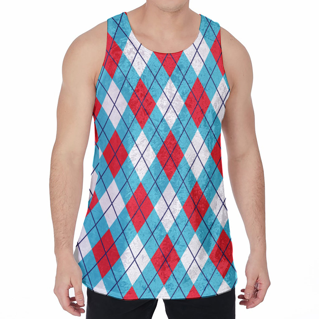 Red Blue And White Argyle Pattern Print Men's Velvet Tank Top