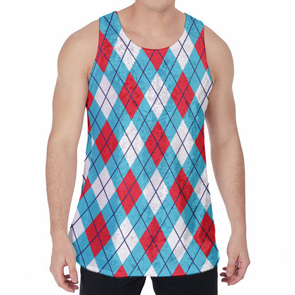 Red Blue And White Argyle Pattern Print Men's Velvet Tank Top
