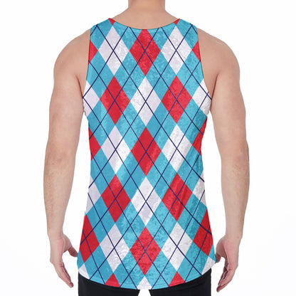 Red Blue And White Argyle Pattern Print Men's Velvet Tank Top