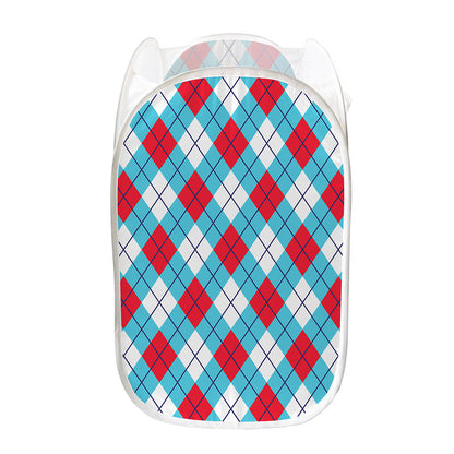 Red Blue And White Argyle Pattern Print Mesh Laundry Hamper