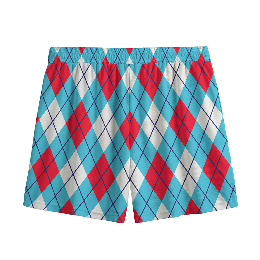 Red Blue And White Argyle Pattern Print Mesh Shorts