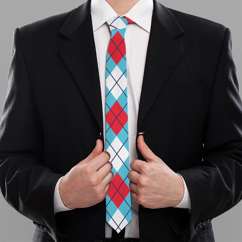 Red Blue And White Argyle Pattern Print Necktie