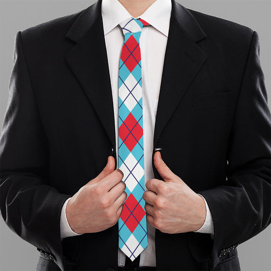 Red Blue And White Argyle Pattern Print Necktie