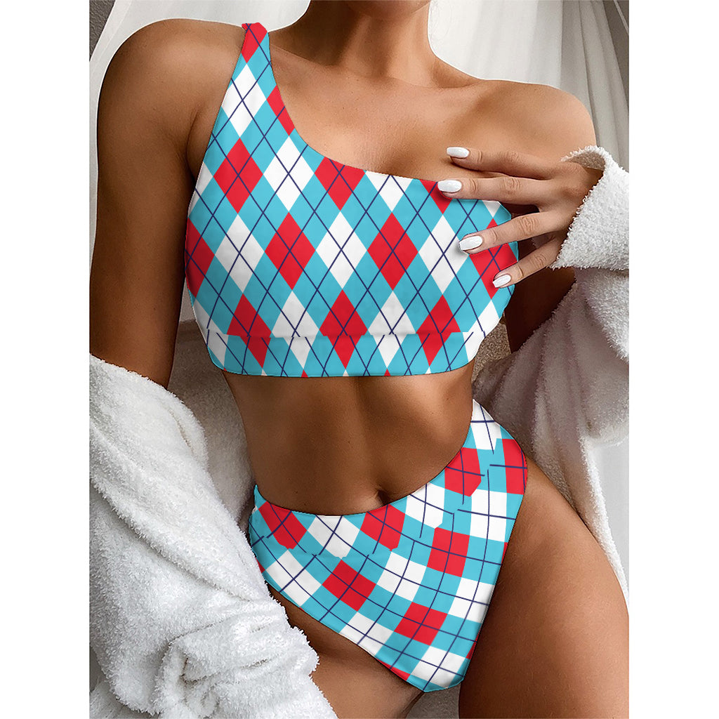 Red Blue And White Argyle Pattern Print One Shoulder Bikini Top