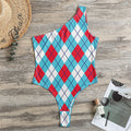 Red Blue And White Argyle Pattern Print One Shoulder Bodysuit