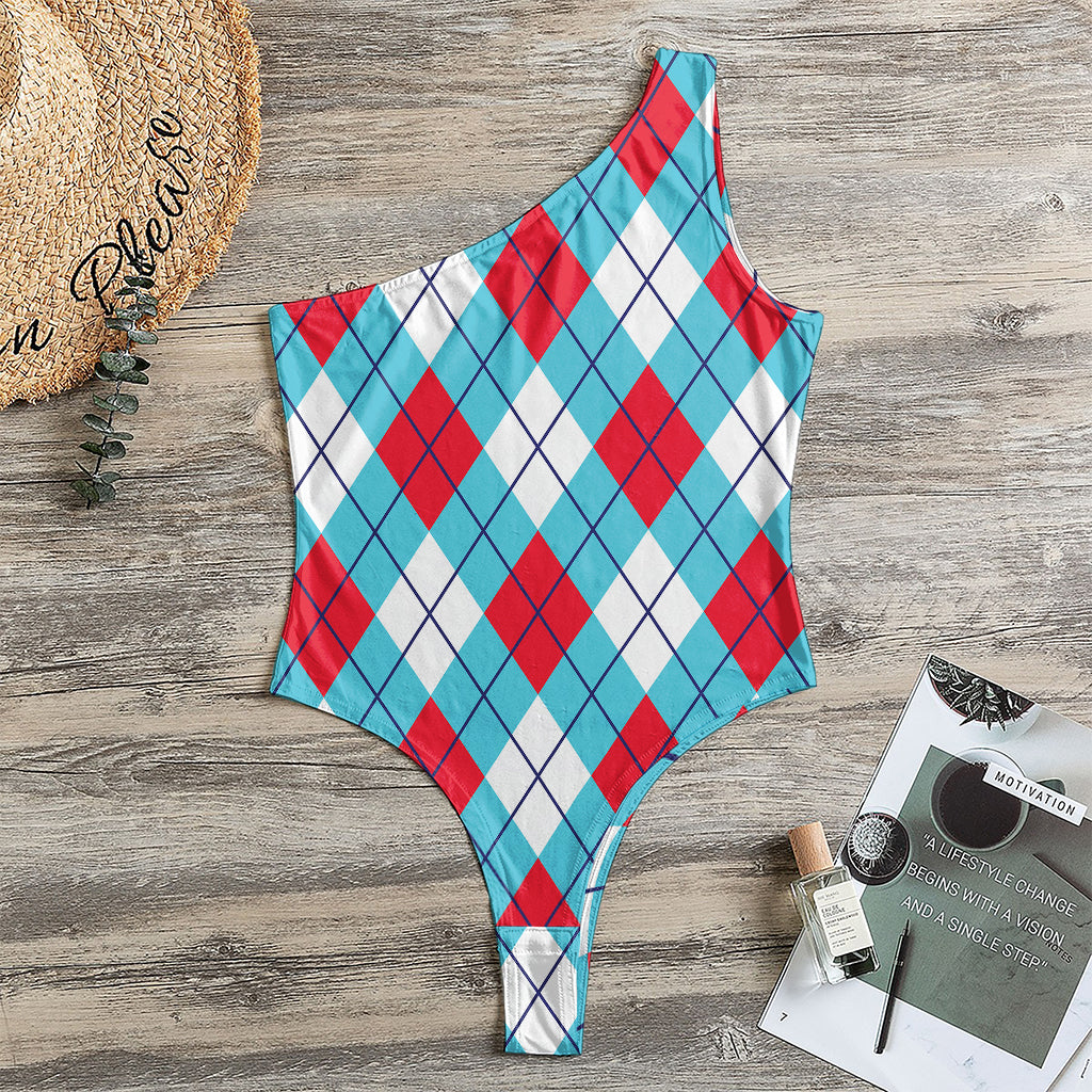 Red Blue And White Argyle Pattern Print One Shoulder Bodysuit