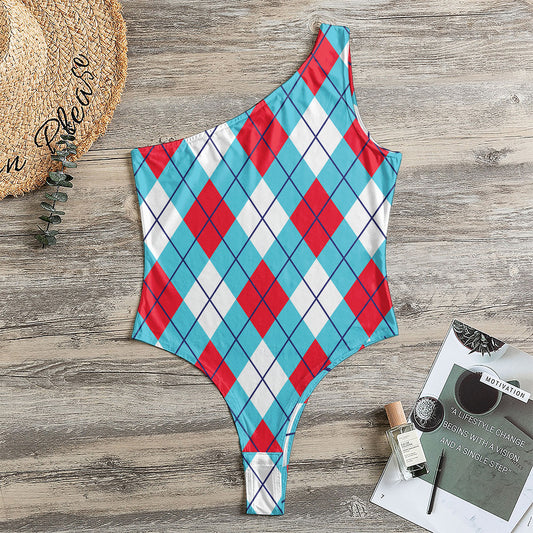 Red Blue And White Argyle Pattern Print One Shoulder Bodysuit