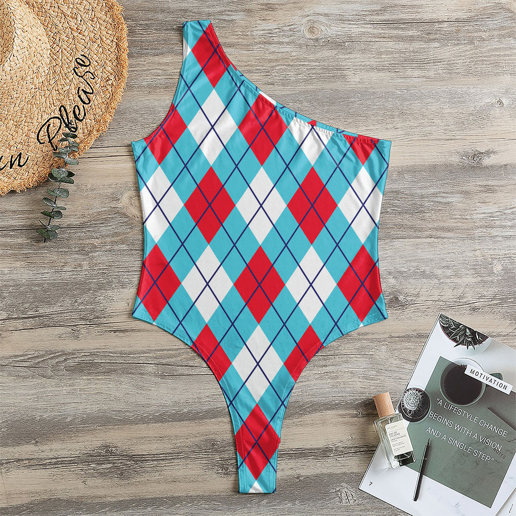 Red Blue And White Argyle Pattern Print One Shoulder Bodysuit