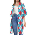 Red Blue And White Argyle Pattern Print Open Front Beach Cover Up