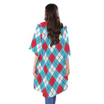 Red Blue And White Argyle Pattern Print Open Front Beach Cover Up