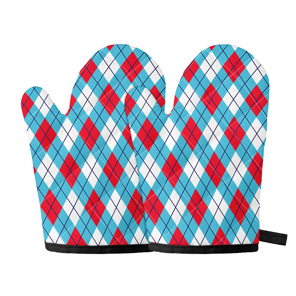 Red Blue And White Argyle Pattern Print Oven Mitts