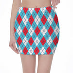 Red Blue And White Argyle Pattern Print Pencil Mini Skirt