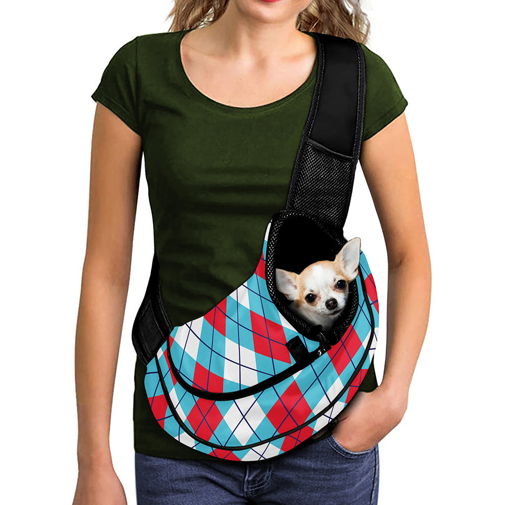 Red Blue And White Argyle Pattern Print Pet Sling Carrier