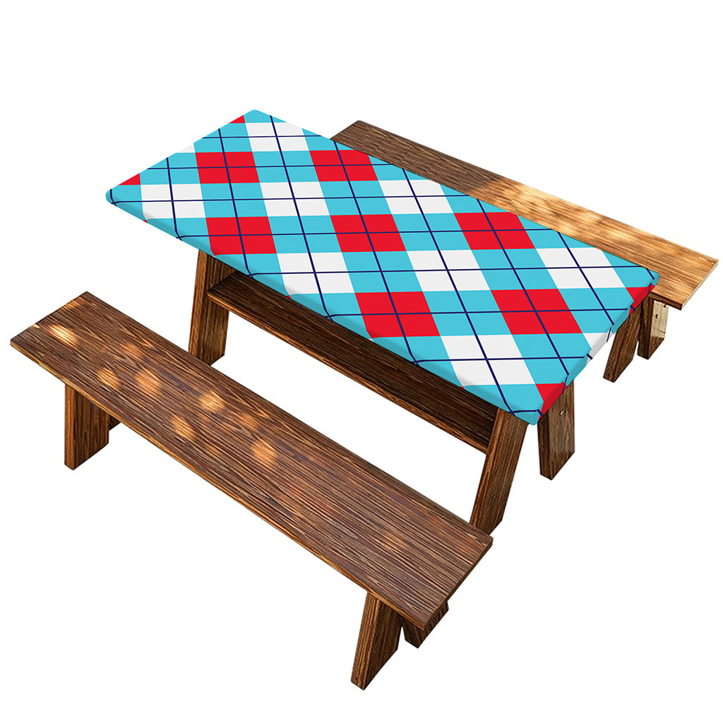 Red Blue And White Argyle Pattern Print Picnic Table Cover