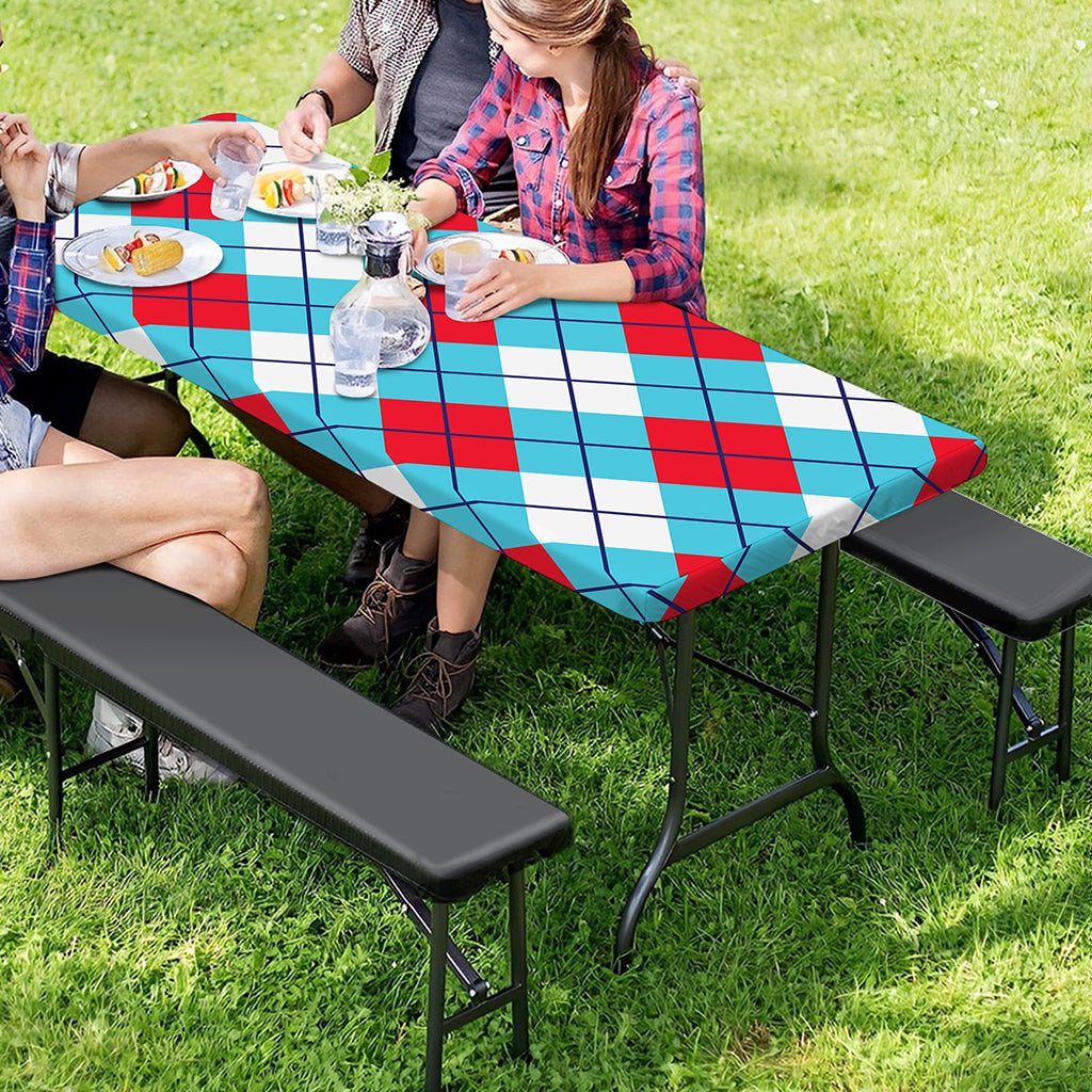 Red Blue And White Argyle Pattern Print Picnic Table Cover
