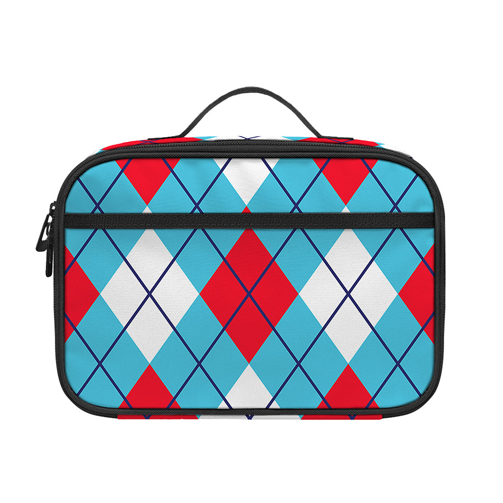 Red Blue And White Argyle Pattern Print Portable Lunch Bag
